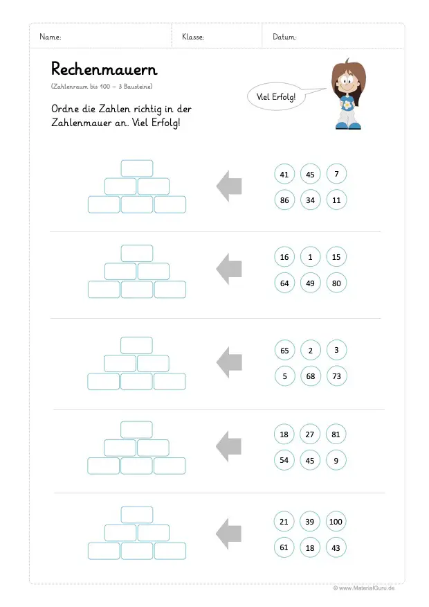 Arbeitsblatt: Rechenmauern - 3 Bausteine - Zahlenraum 100 - Schwer