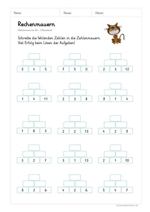 Arbeitsblatt: Rechenmauern - 3 Bausteine - Zahlenraum 20 - Einfach