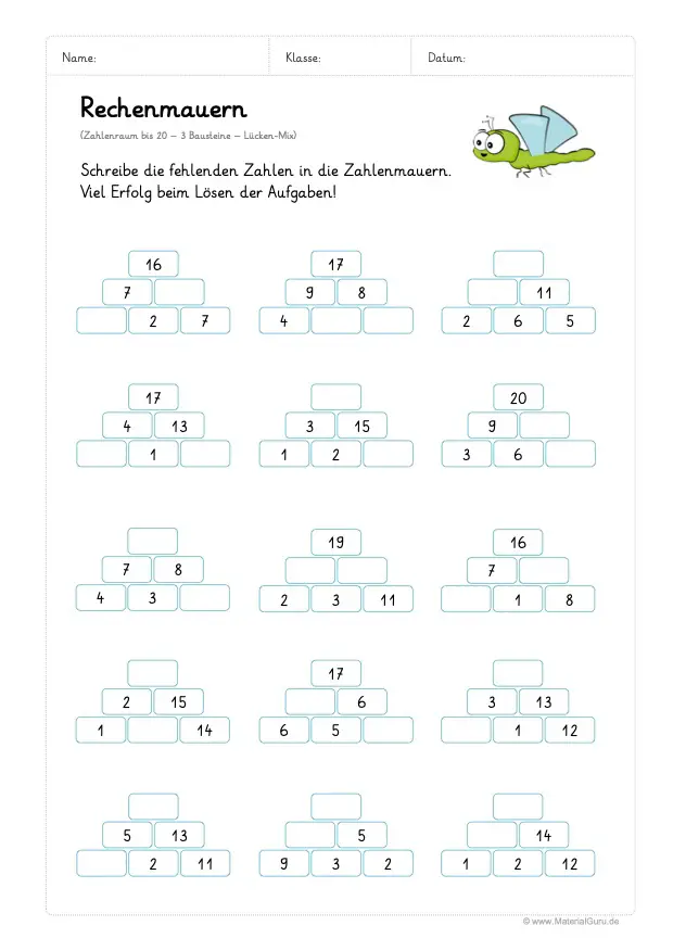 Arbeitsblatt: Rechenmauern - 3 Bausteine - Zahlenraum 20 - Lücken-Mix