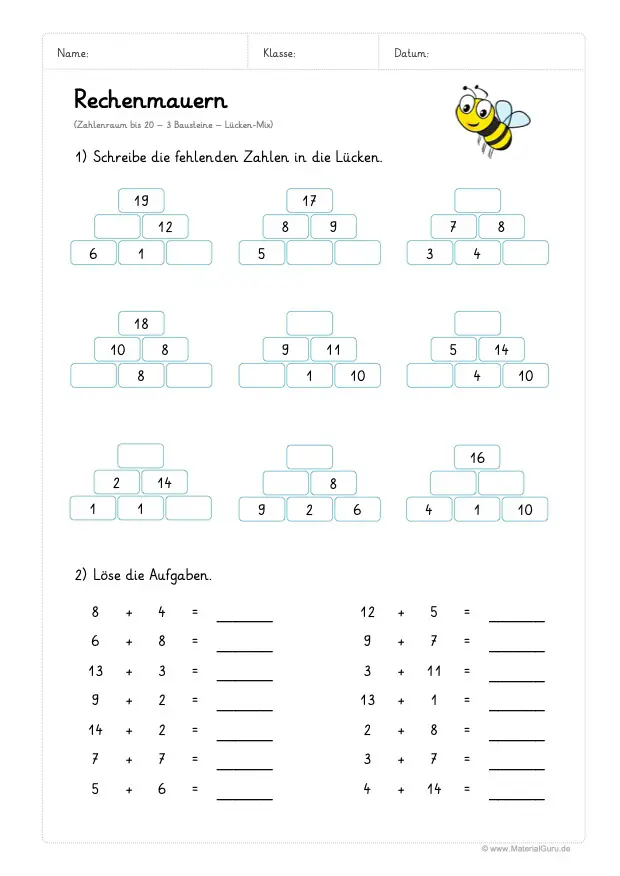 Arbeitsblatt: Rechenmauern - 3 Bausteine - Zahlenraum 20 - Zusatzaufgabe