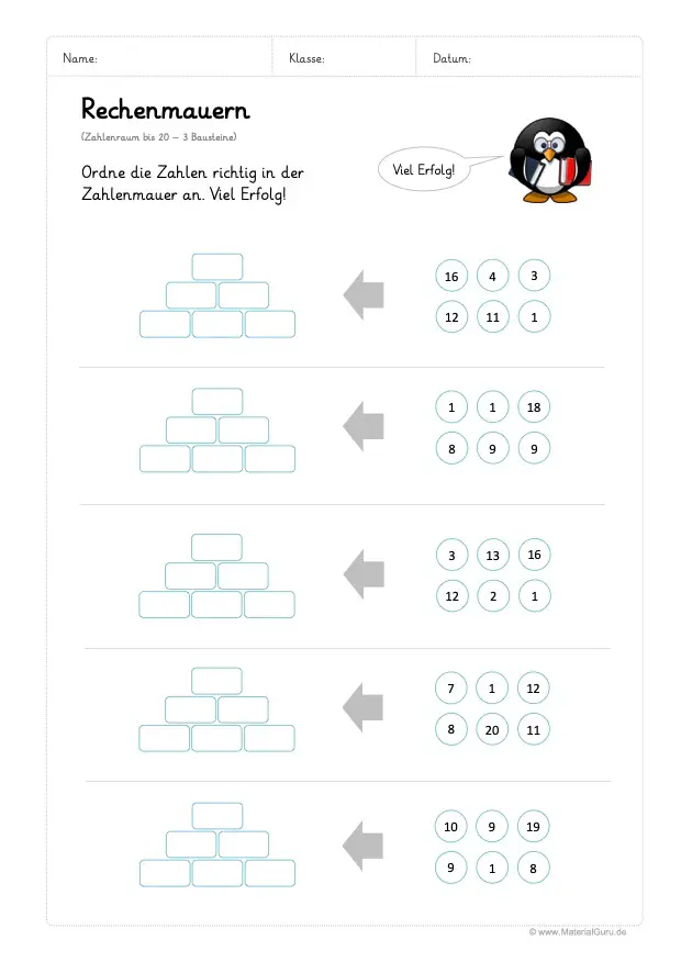 Arbeitsblatt: Rechenmauern - 3 Bausteine - Zahlenraum 20 - Schwer