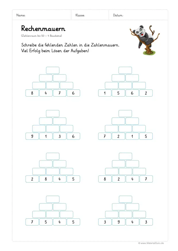 Arbeitsblatt: Rechenmauern - 4 Bausteine - Zahlenraum 50 - Einfach