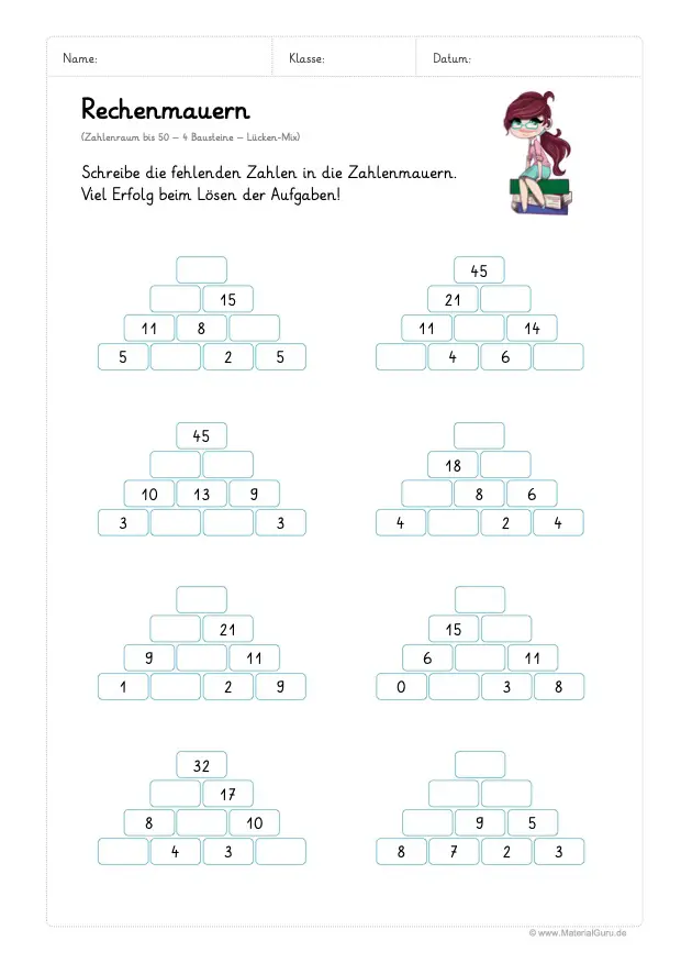 Arbeitsblatt: Rechenmauern - 4 Bausteine - Zahlenraum 50 - Lücken-Mix