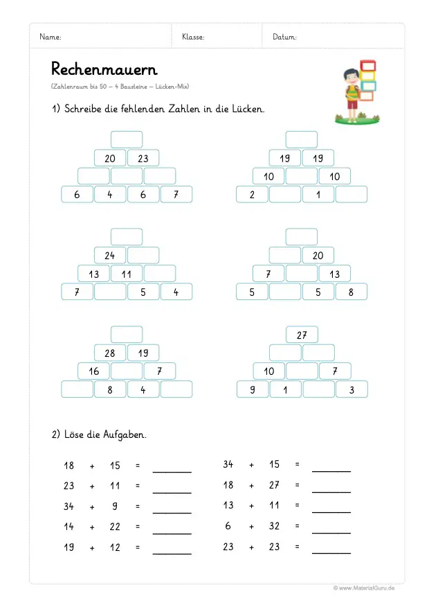 Arbeitsblatt: Rechenmauern - 4 Bausteine - Zahlenraum 50 - Zusatzaufgabe
