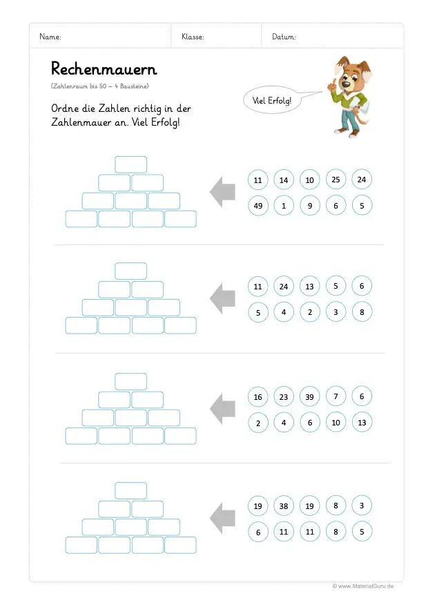 Arbeitsblatt: Rechenmauern - 4 Bausteine - Zahlenraum 50 - Schwer
