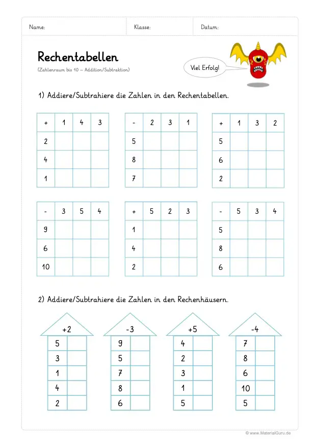 Arbeitsblatt: Rechentabellen Addition (bis 10) - Mix Aufgaben