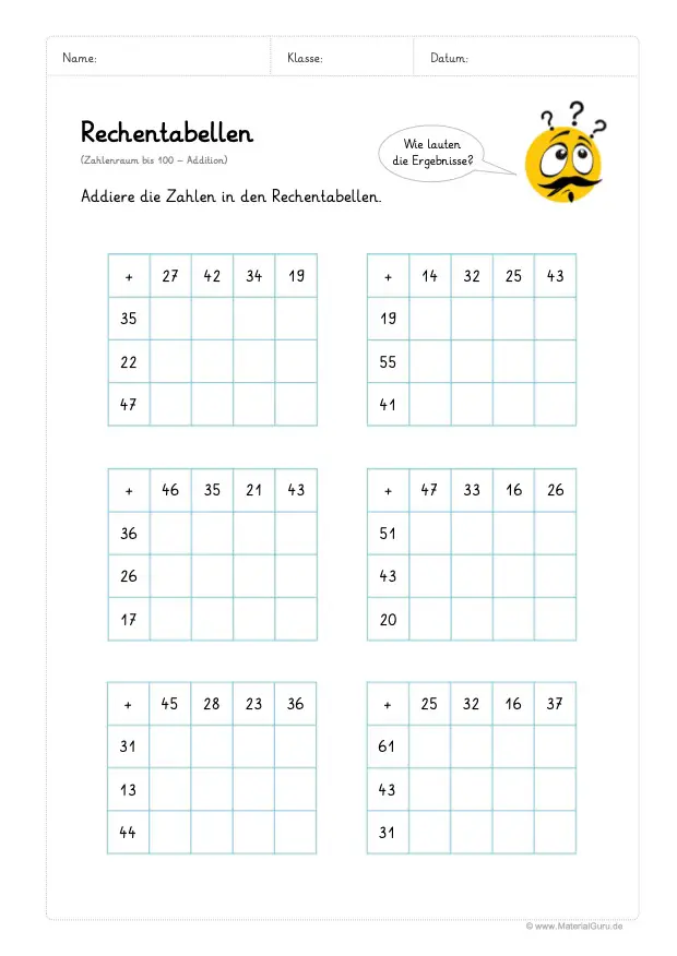 Arbeitsblatt: Rechentabellen Addition (bis 100) - 6 Rechentabellen ausfüllen