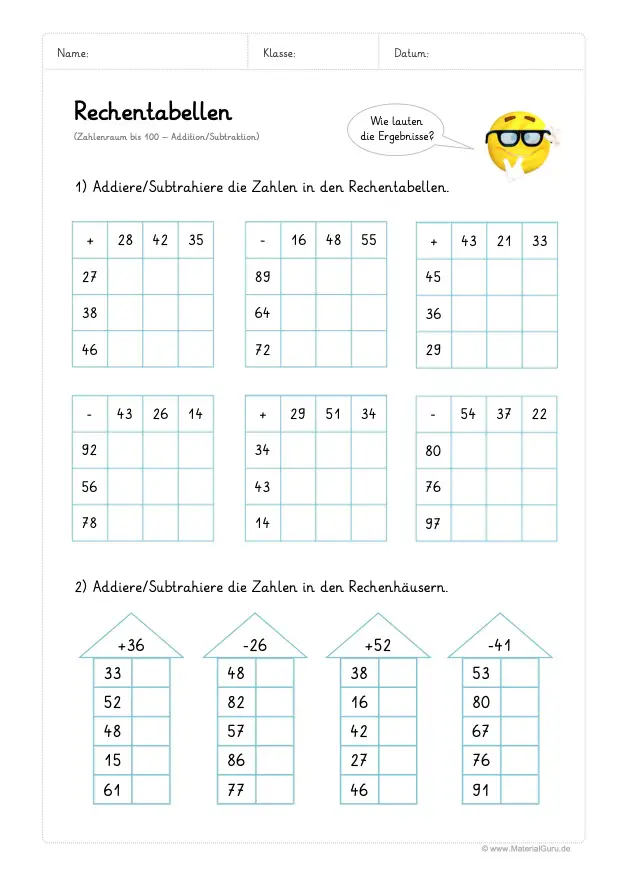 Arbeitsblatt: Rechentabellen Addition (bis 100) - Mix Aufgaben