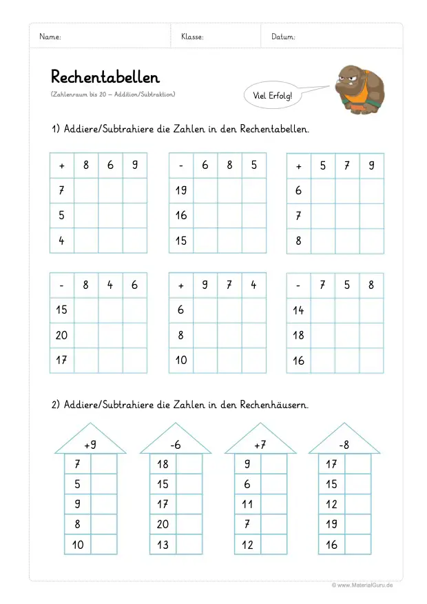 Arbeitsblatt: Rechentabellen Addition (bis 20) - Mix Aufgaben