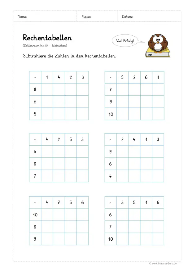 Arbeitsblatt: Rechentabellen Subtraktion (bis 10) - 6 Rechentabellen ausfüllen