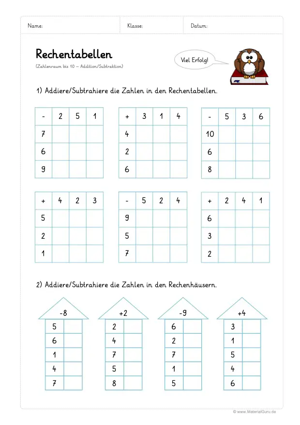 Arbeitsblatt: Rechentabellen Subtraktion (bis 10) - Mix Aufgaben