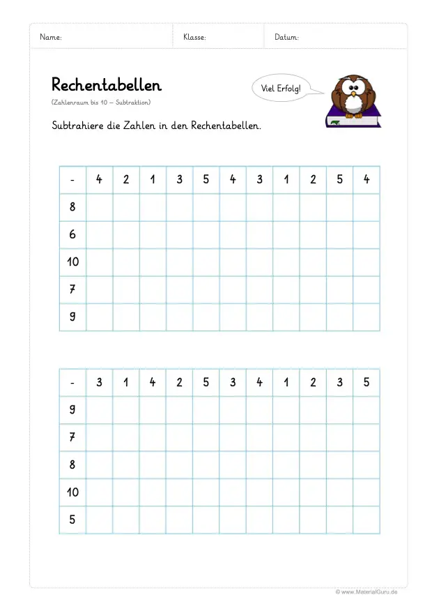 Arbeitsblatt: Rechentabellen Subtraktion (bis 10) - Großen Rechentabellen