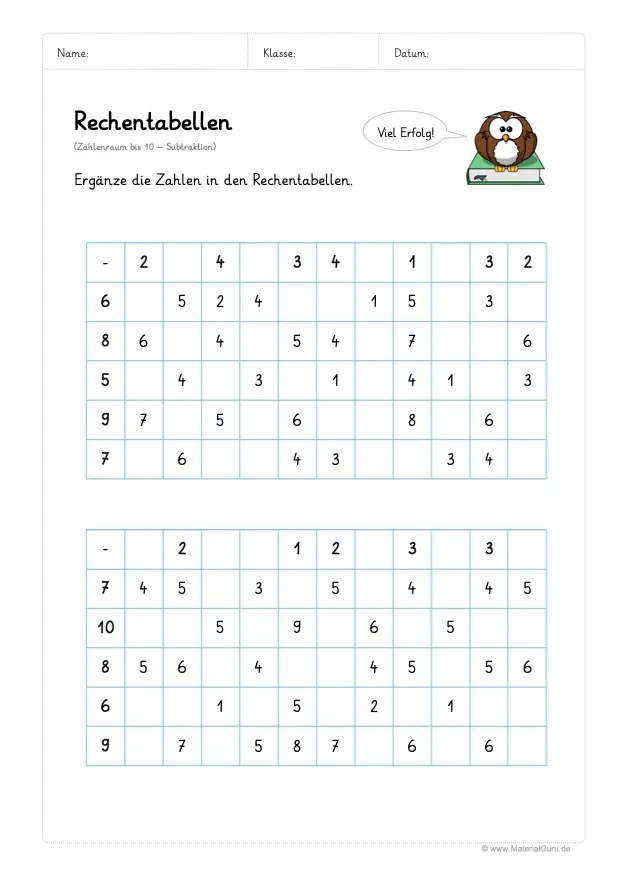 Arbeitsblatt: Rechentabellen Subtraktion (bis 10) - Großen Rechentabellen mit Lücken-Mix