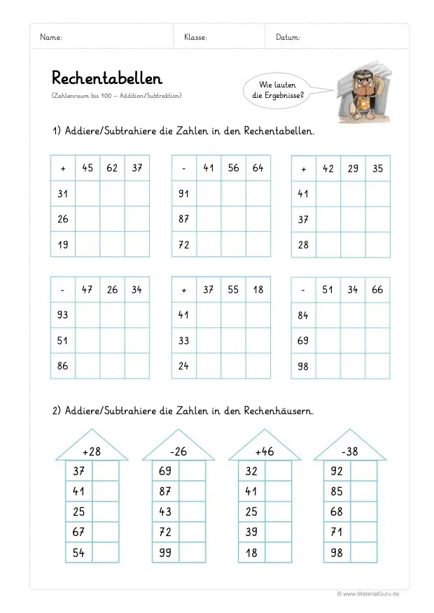 Arbeitsblatt: Rechentabellen Subtraktion (bis 100) - Mix Aufgaben