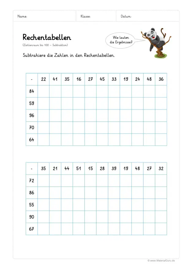 Arbeitsblatt: Rechentabellen Subtraktion (bis 100) - Großen Rechentabellen