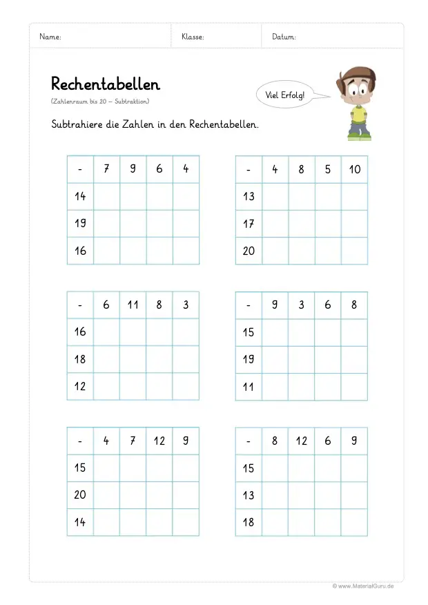 Arbeitsblatt: Rechentabellen Subtraktion (bis 20) - 6 Rechentabellen ausfüllen