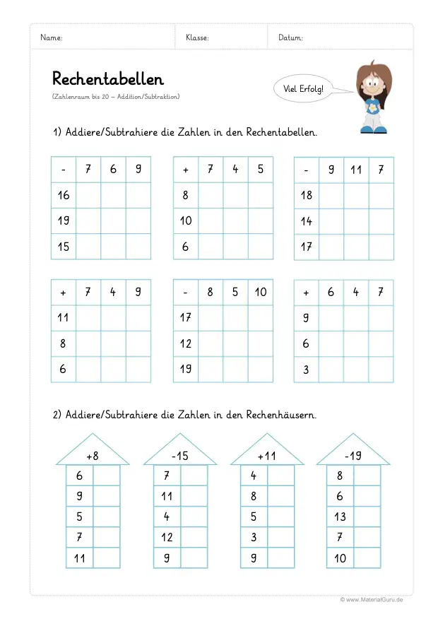 Arbeitsblatt: Rechentabellen Subtraktion (bis 20) - Mix Aufgaben