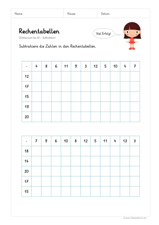 Arbeitsblatt: Rechentabellen Subtraktion (bis 20) - Großen Rechentabellen