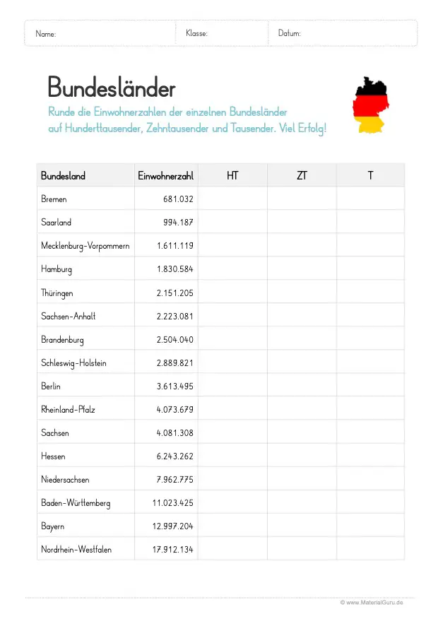 Arbeitsblatt: Einwohnerzahlen von Bundesländern runden