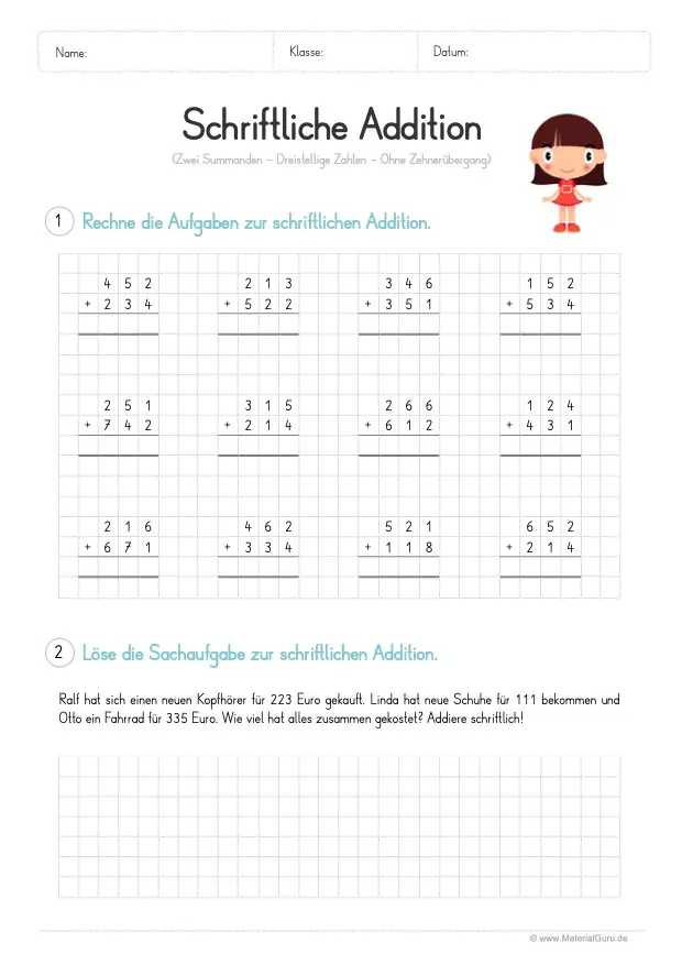 Arbeitsblatt: Schriftliche Addition - 2-3 Summanden mit Sachaufgabe (ohne Zehnerübergang)