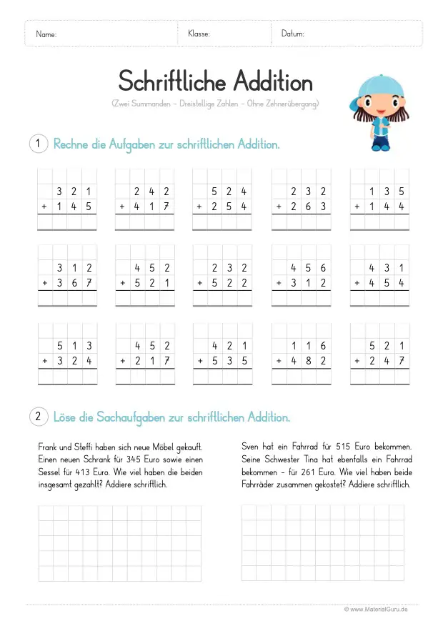 Arbeitsblatt: Schriftliche Addition - 2 Summanden mit Sachaufgabe (ohne Zehnerübergang)