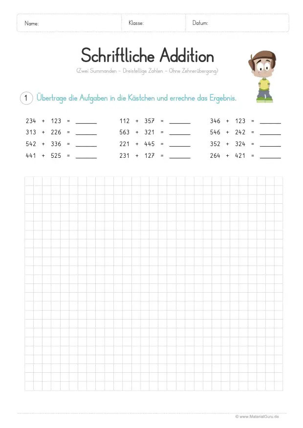 Arbeitsblatt: Schriftliche Addition - 2 Summanden - In Kästchen übertragen (ohne Zehnerübergang)