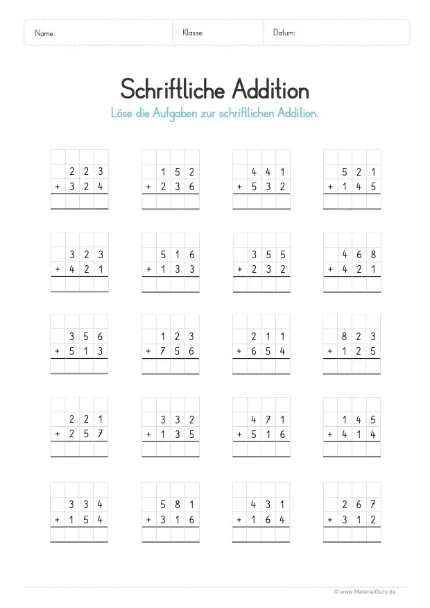 Arbeitsblatt: Schriftliche Addition - 2 Summanden (ohne Zehnerübergang)