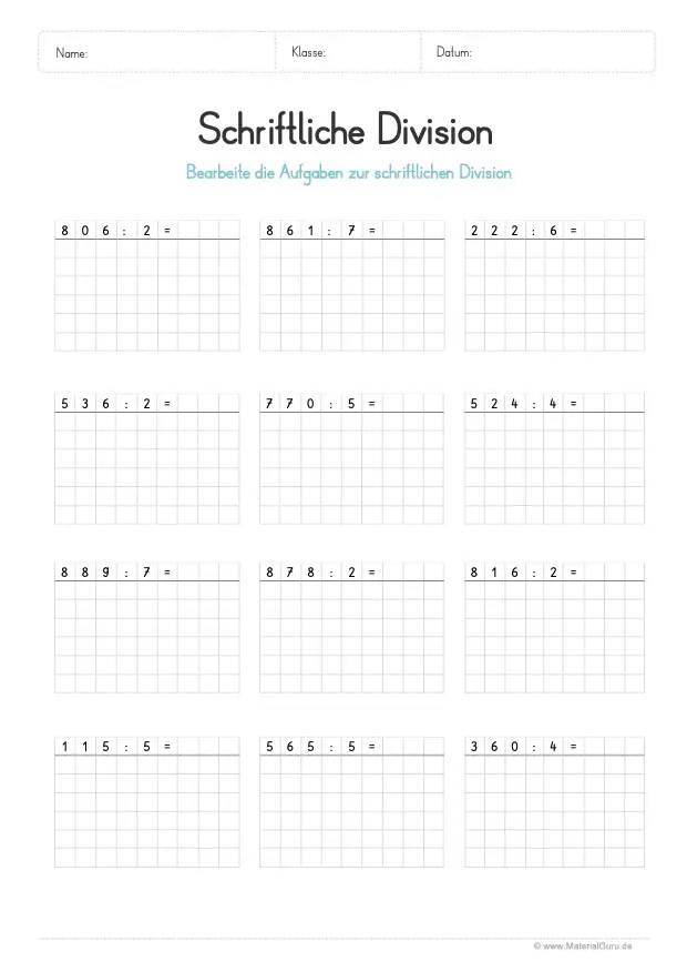 Arbeitsblatt: Schriftliche Division bis 1.000 - Divisor einstellig