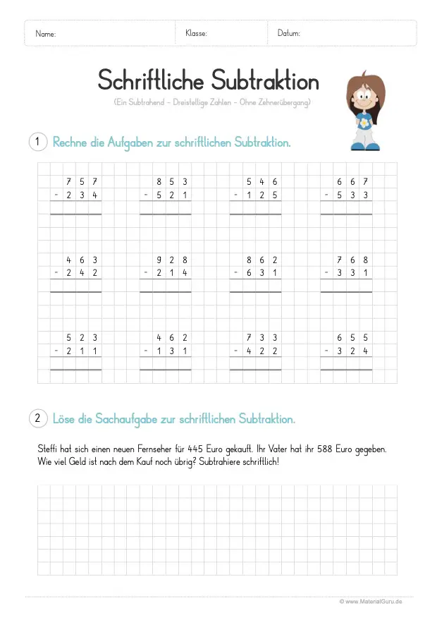 Arbeitsblatt: Schriftliche Subtraktion - 1 Subtrahend mit Sachaufgabe (ohne Zehnerübergang)