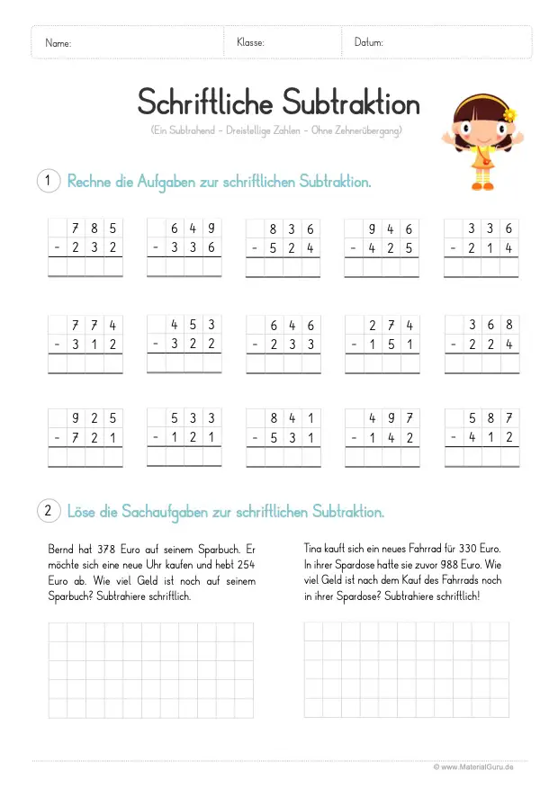 Arbeitsblatt: Schriftliche Subtraktion - 1 Subtrahend mit Sachaufgabe (ohne Zehnerübergang)