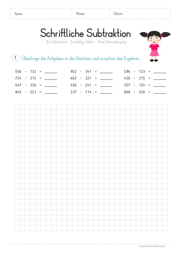 Arbeitsblatt: Schriftliche Subtraktion - 1 Subtrahend - In Kästchen übertragen (ohne Zehnerübergang)