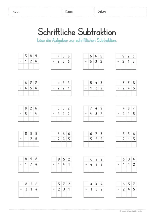 Arbeitsblatt: Schriftliche Subtraktion - 1 Subtrahend (ohne Zehnerübergang)