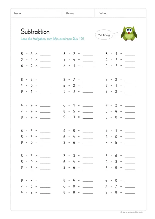 Arbeitsblatt: Subtraktion bis 10 (ohne Zehnerübergang) - Gemischte Kopfrechnen