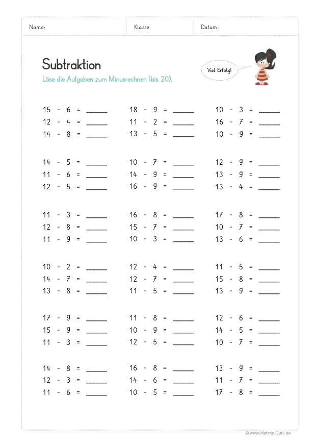 Arbeitsblatt: Subtraktion bis 20 (mit Zehnerübergang) - Kopfrechnen