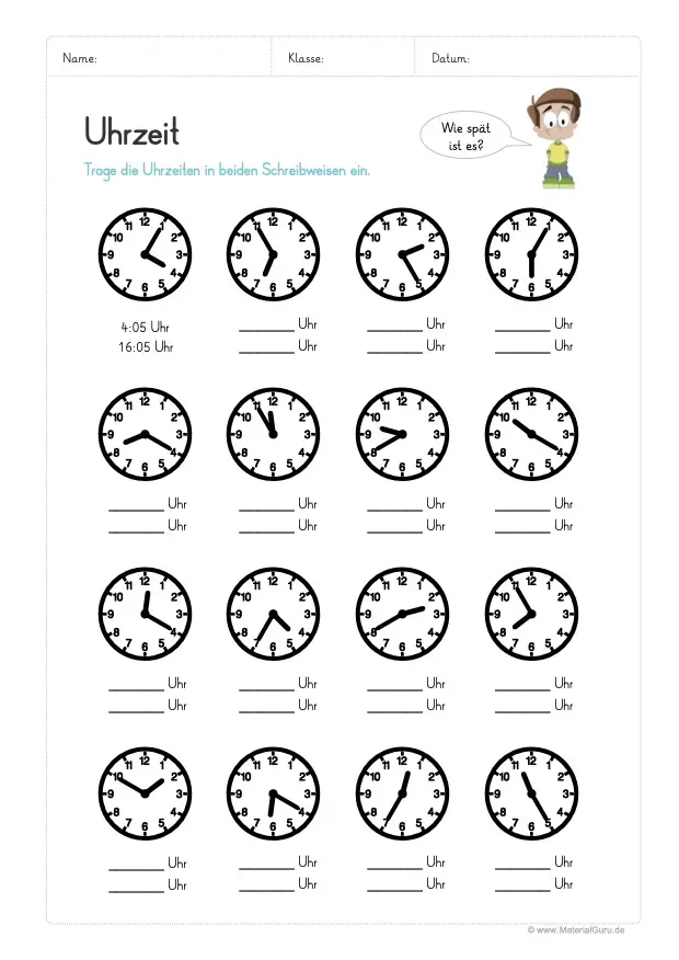 Arbeitsblatt: Uhrzeit ablesen in 5 Minuten Einheiten