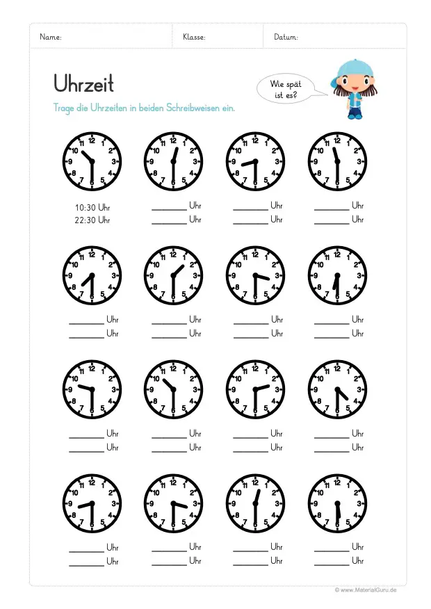 Arbeitsblatt: Uhrzeit ablesen in halben Stunden