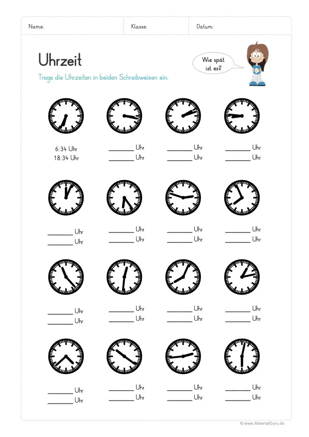 Arbeitsblatt: Uhrzeit ablesen in Minuten Einheiten