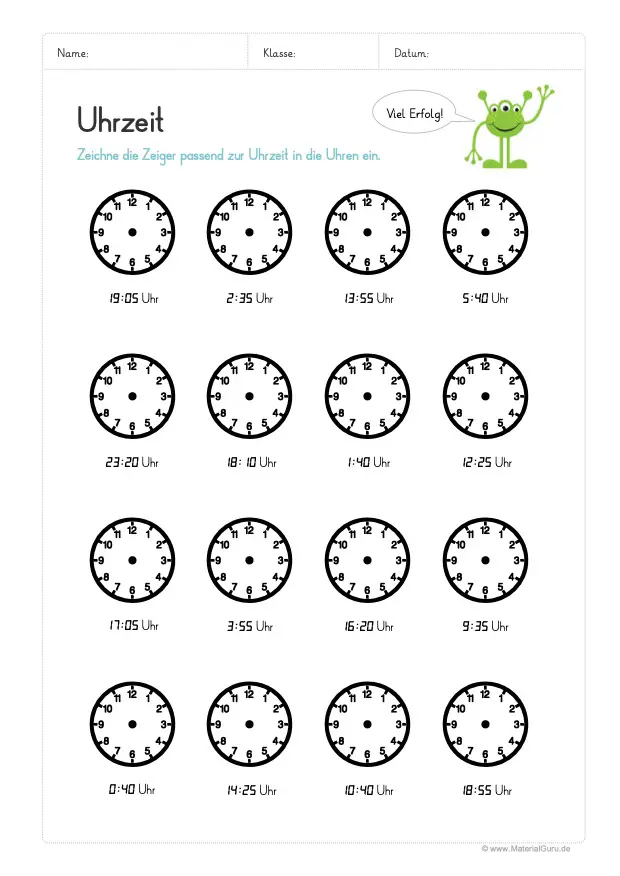 Arbeitsblatt: Uhrzeit in Uhr eintragen (5 Minuten Einheiten)
