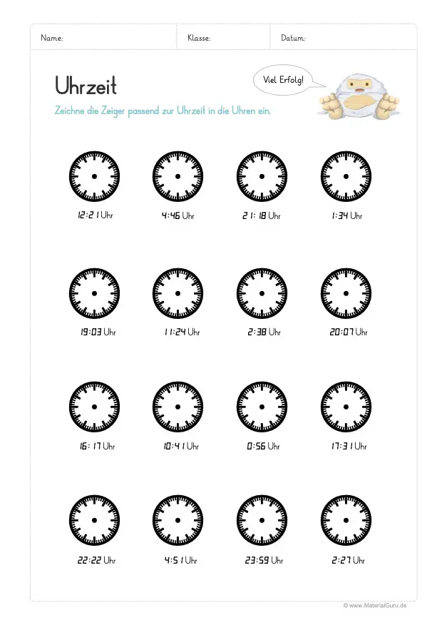 Arbeitsblatt: Uhrzeit in Uhr eintragen (Minuten Einheiten)