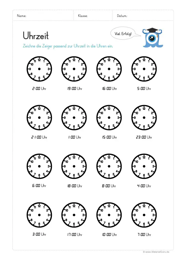 Arbeitsblatt: Uhrzeit in Uhr eintragen (volle Stunden)
