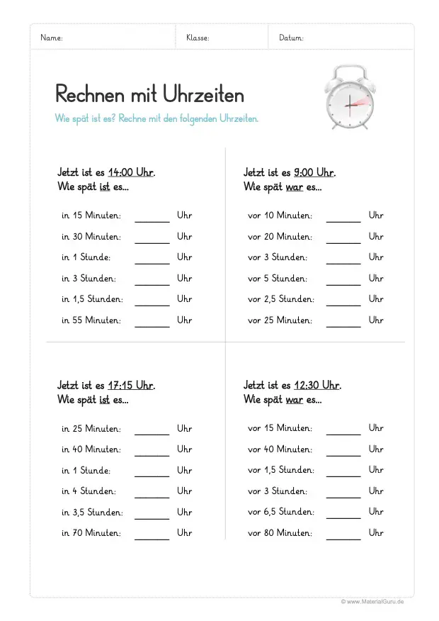 Arbeitsblatt: Rechnen mit Uhrzeiten (Uhrzeiten eintragen)