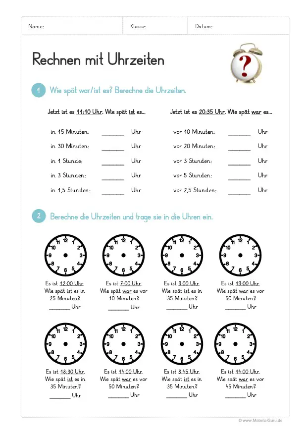 Arbeitsblatt: Rechnen mit Uhrzeiten (Uhrzeit in Uhren eintragen)