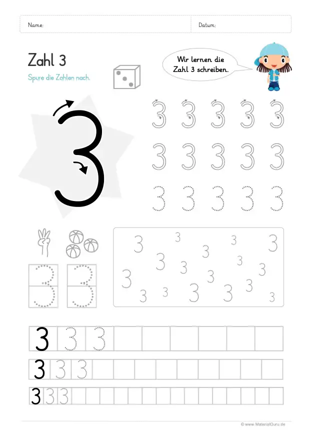 Arbeitsblatt: Zahl 3 schreiben lernen - Verschiedenes Nachspuren