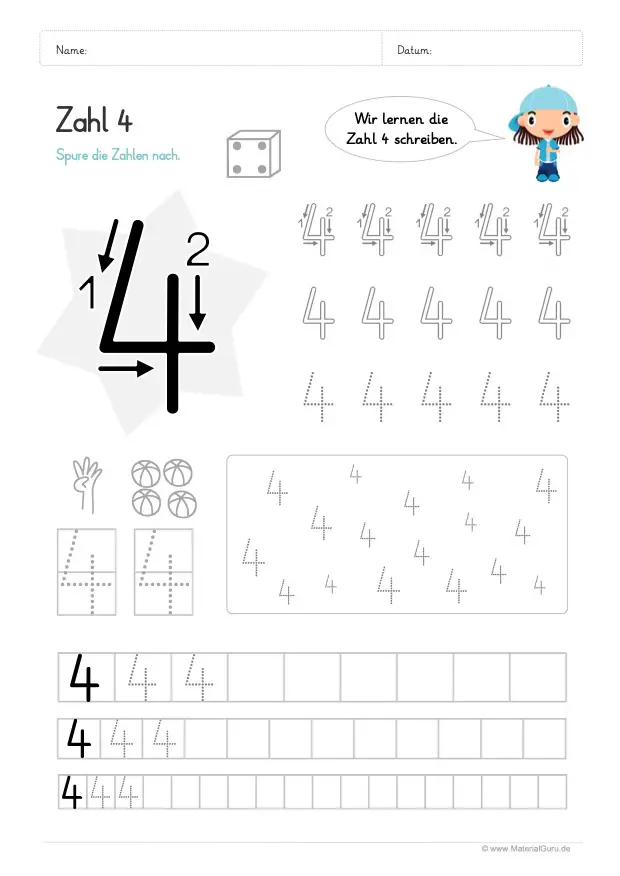 Arbeitsblatt: Zahl 4 schreiben lernen - Verschiedenes Nachspuren