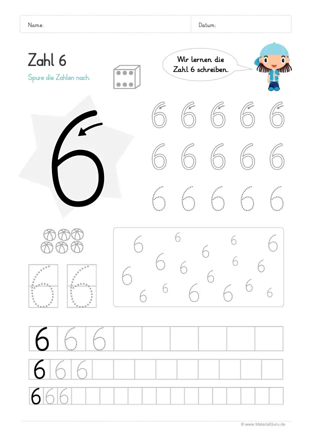 Arbeitsblatt: Zahl 6 schreiben lernen - Verschiedenes Nachspuren