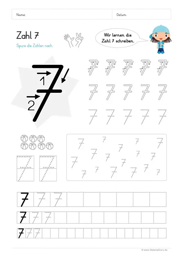 Arbeitsblatt: Zahl 7 schreiben lernen - Verschiedenes Nachspuren