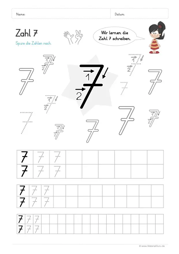 Arbeitsblatt: Zahl 7 schreiben lernen - Verschiedene Größen