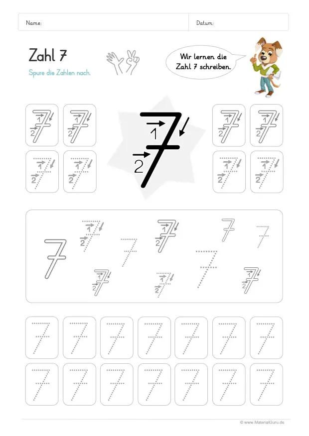 Arbeitsblatt: Zahl 7 schreiben lernen - Aufgaben Mix