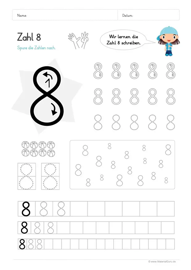Arbeitsblatt: Zahl 8 schreiben lernen - Verschiedenes Nachspuren