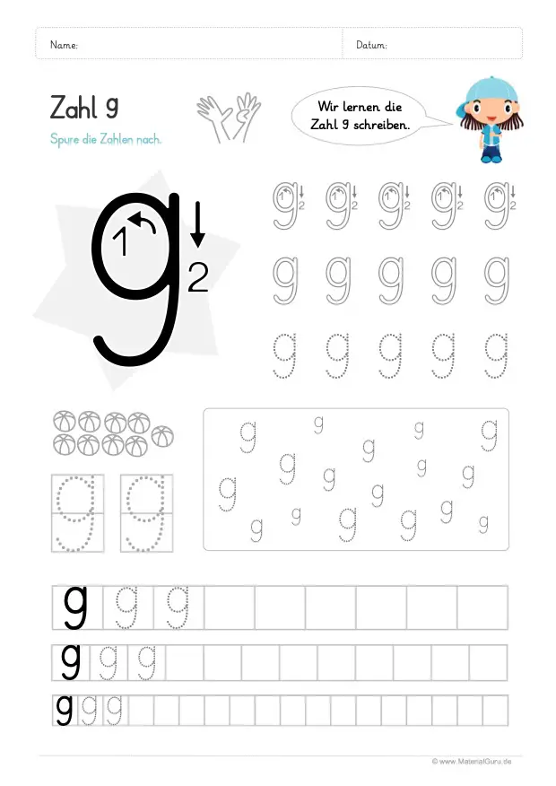 Arbeitsblatt: Zahl 9 schreiben lernen - Verschiedenes Nachspuren